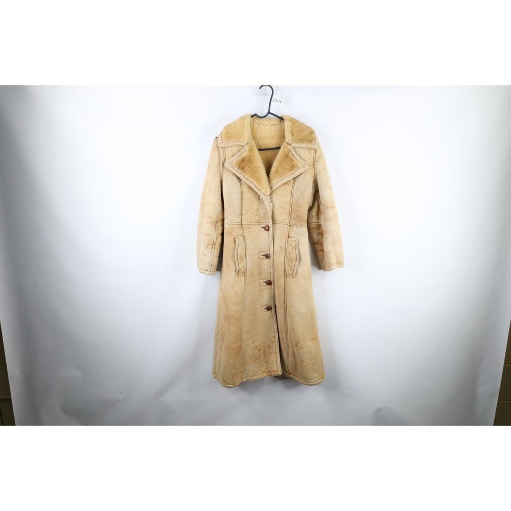 Vintage 70s Womens M Thrashed Full Length Shearling Leather Marlboro Man Jacket